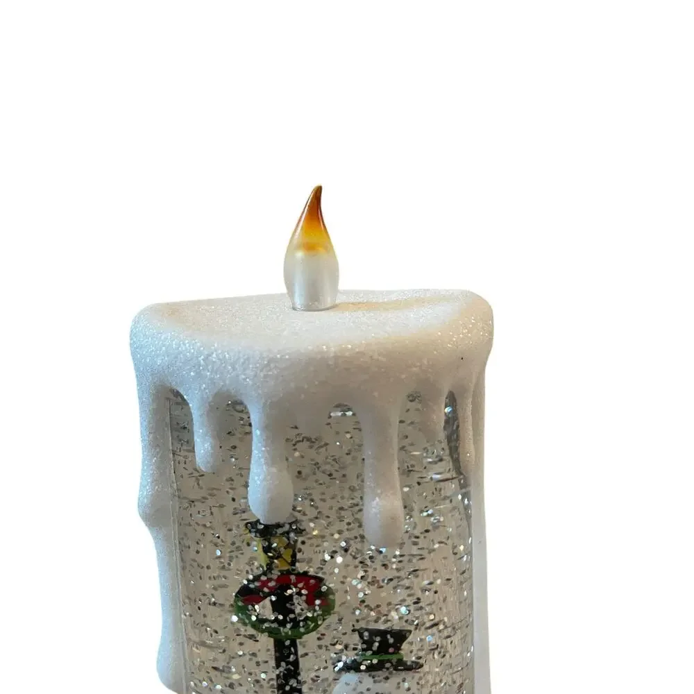 Illuminated Silver Glitter Pedestal Candle 13in Christmas Holiday Snowman New